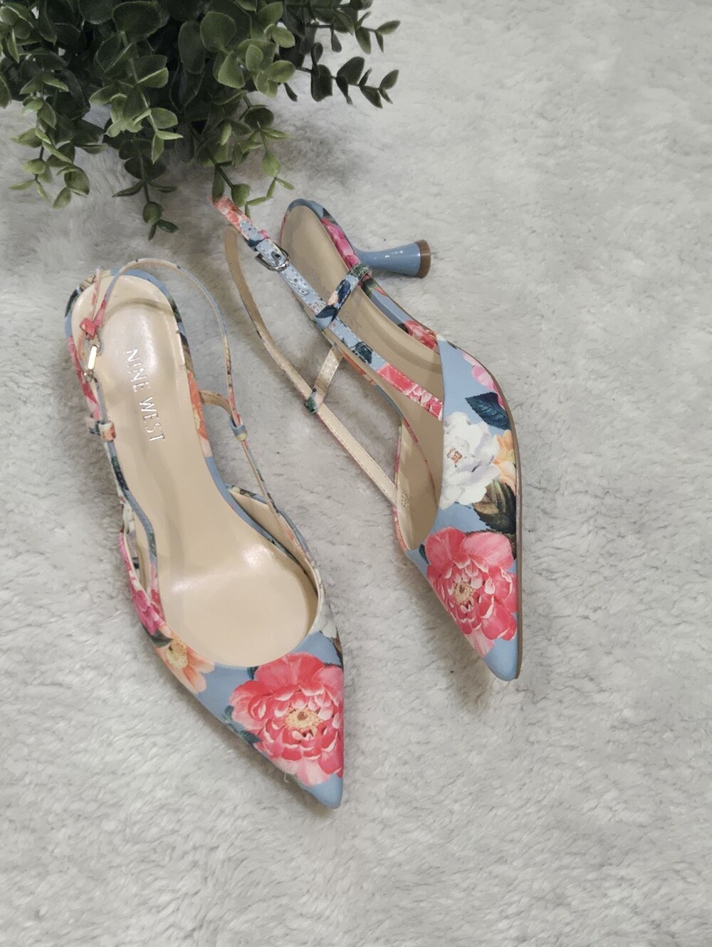Nine West Blue Floral Slingback Garden Party Feminine Chic Kitten Heels, 6.5